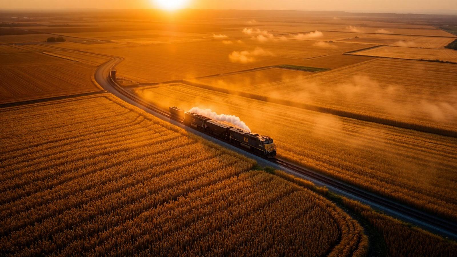 Freight train crossing grain fields at sunrise